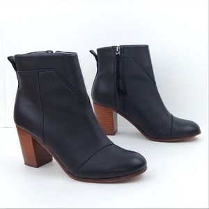 Toms Black Leather Ankle Booties with Wood Block Heel